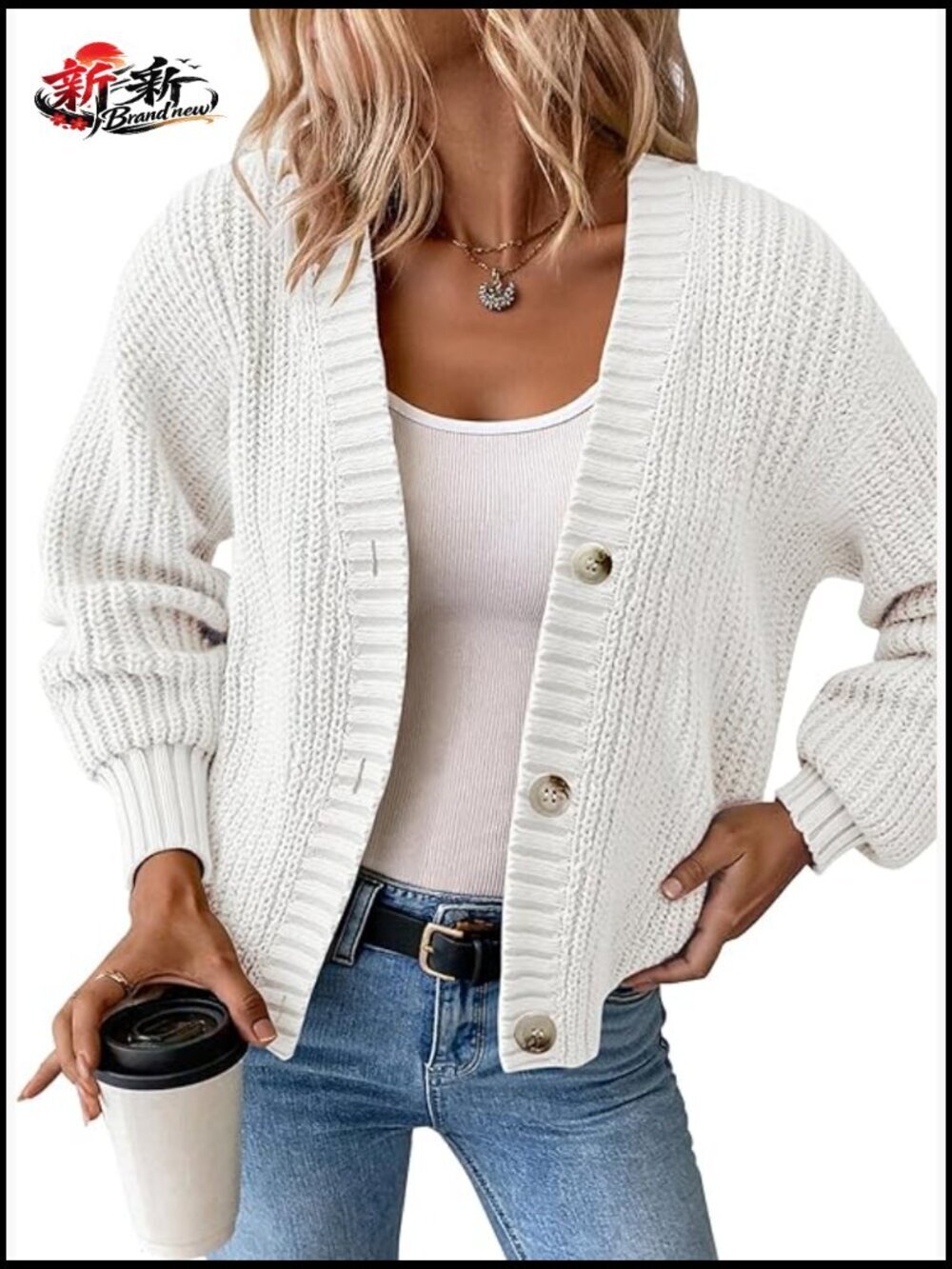 Chunky Waffle Knit Cardigan Oversized V-Neck Button Down Sweater